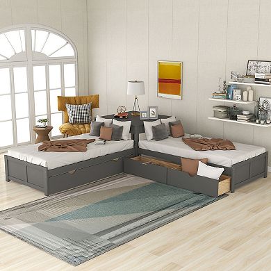 L-Shaped Platform Bed with Trundle and Drawers Linked with Built-in Desk Twin