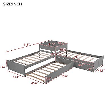 L-Shaped Platform Bed with Trundle and Drawers Linked with Built-in Desk Twin