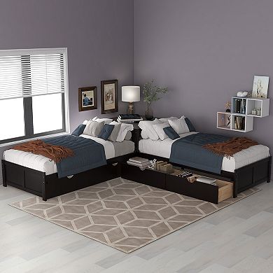 L-Shaped Platform Bed with Trundle and Drawers Linked with Built-in Desk Twin