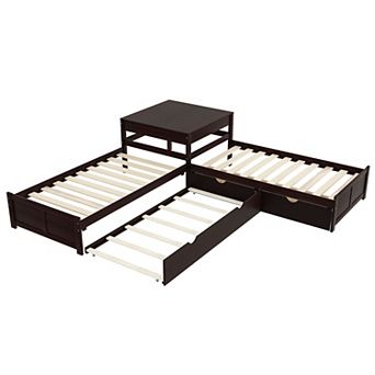 L-Shaped Platform Bed with Trundle and Drawers Linked with Built-in Desk Twin