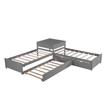 L-Shaped Platform Bed with Trundle and Drawers Linked with Built-in Desk Twin