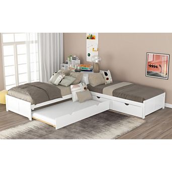 L-Shaped Platform Bed with Trundle and Drawers Linked with Built-in Desk Twin