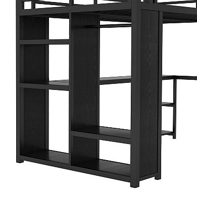Full Size Loft Bed Frame with Built-in Wardrobe Desk and Storage Shelves Black