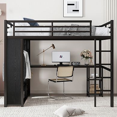 Full Size Loft Bed Frame with Built-in Wardrobe Desk and Storage Shelves Black