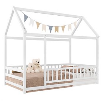Twin Size Floor Wooden Bed with House Roof Frame and Fence Guardrails White