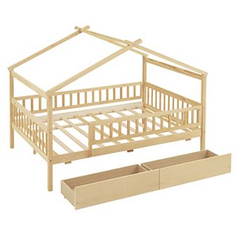 Full Size Wooden House Bed with Two Drawers Natural