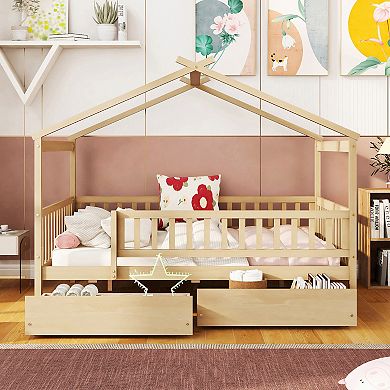 Full Size Wooden House Bed with Two Drawers Natural