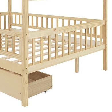 Full Size Wooden House Bed with Two Drawers Natural
