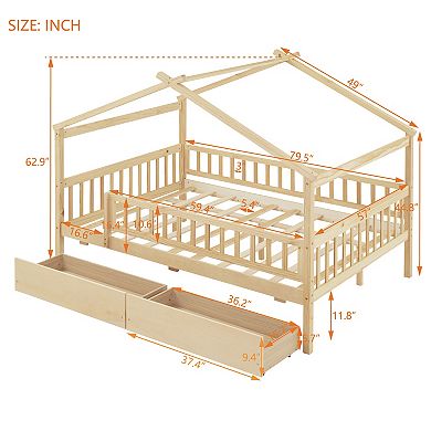 Full Size Wooden House Bed with Two Drawers Natural