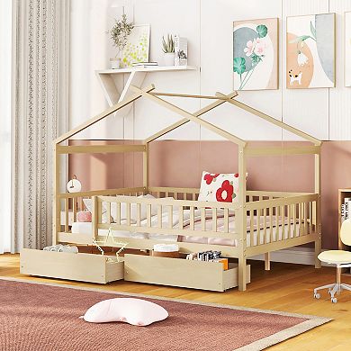 Full Size Wooden House Bed with Two Drawers Natural