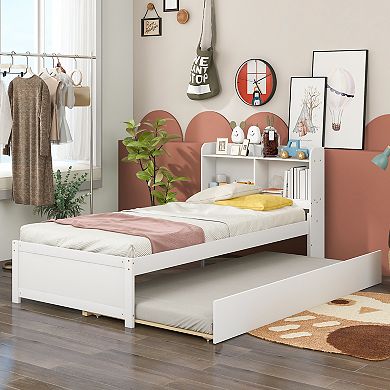 Platform Bed with Trundle and Bookcase