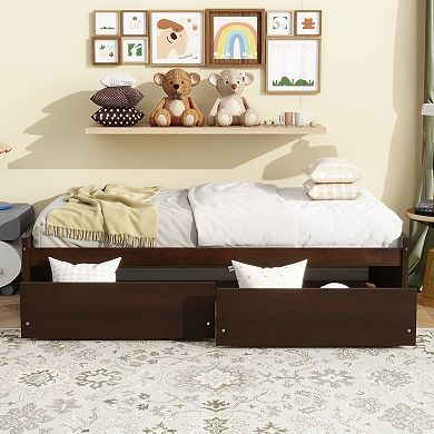 Twin Size Bed with 2 Drawers Solid Rubber Wood