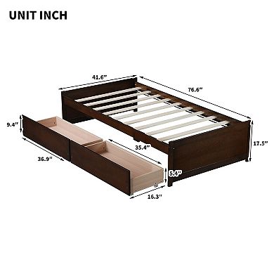 Twin Size Bed with 2 Drawers Solid Rubber Wood