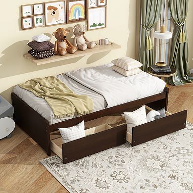 Twin Size Bed with 2 Drawers Solid Rubber Wood
