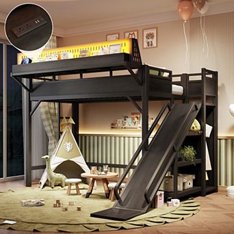 Twin XL Loft Bed with Slide Shelves Metal Loft Bed with USB Ports LED Lights Wardrobe Pegboard Black
