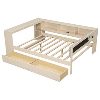 Wood Platform Bed with Storage Shelves Drawers Charging Station and Upholstered Headboard Cream