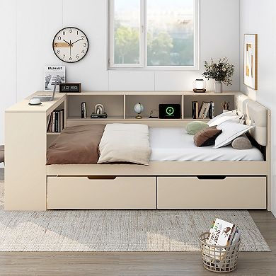 Wood Platform Bed with Storage Shelves Drawers Charging Station and Upholstered Headboard Cream