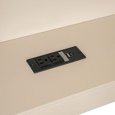 Wood Platform Bed with Storage Shelves Drawers Charging Station and Upholstered Headboard Cream