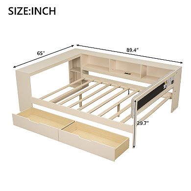 Wood Platform Bed with Storage Shelves Drawers Charging Station and Upholstered Headboard Cream