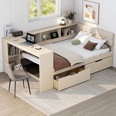 Wood Platform Bed with Storage Shelves Drawers Charging Station and Upholstered Headboard Cream