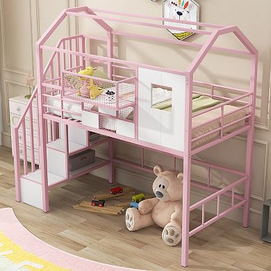 Metal Loft Bed with Roof Design and Storage Box Twin