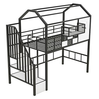 Metal Loft Bed with Roof Design and Storage Box Twin