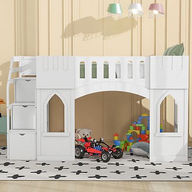 Twin Size Loft Bed with Storage Staircase and Window