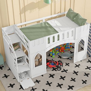 Twin Size Loft Bed with Storage Staircase and Window