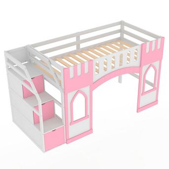 Twin Size Loft Bed with Storage Staircase and Window