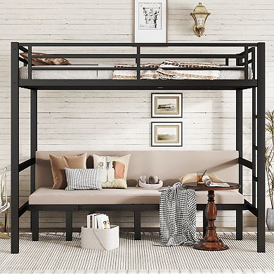 Queen over Queen Metal Bunk Bed with Pull Out Lower Bunk and Safety Rails Black