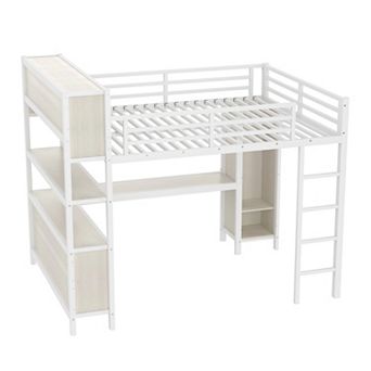 Queen Metal Loft Bed with Wardrobe L-shaped Desk and Storage Cubes for Kids Teens Adults