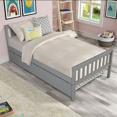 Twin Bed with Trundle and Headboard Platform Bed Frame No Box Spring for Small Space