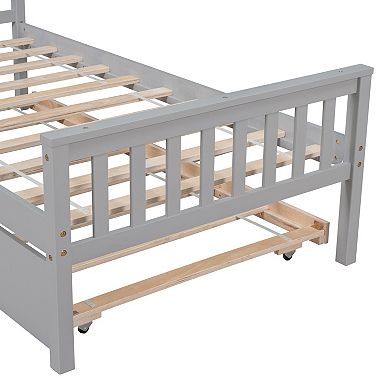 Twin Bed with Trundle and Headboard Platform Bed Frame No Box Spring for Small Space