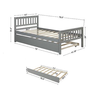 Twin Bed with Trundle and Headboard Platform Bed Frame No Box Spring for Small Space