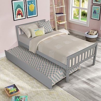 Twin Bed with Trundle and Headboard Platform Bed Frame No Box Spring for Small Space