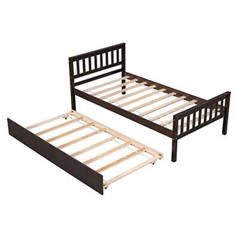 Twin Bed with Trundle and Headboard Platform Bed Frame No Box Spring for Small Space