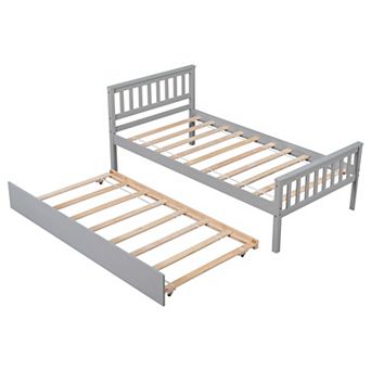 Twin Bed with Trundle and Headboard Platform Bed Frame No Box Spring for Small Space