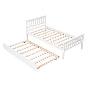 Twin Bed with Trundle and Headboard Platform Bed Frame No Box Spring for Small Space