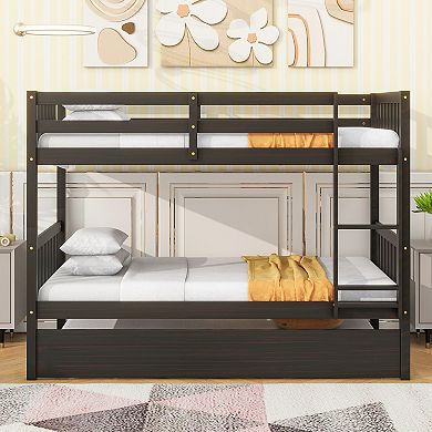 Twin Over Twin Rubber Wood Bunk Bed with Trundle Convertible into Two Beds