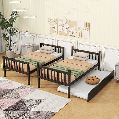 Twin Over Twin Rubber Wood Bunk Bed with Trundle Convertible into Two Beds