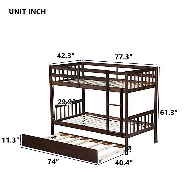 Twin Over Twin Rubber Wood Bunk Bed with Trundle Convertible into Two Beds