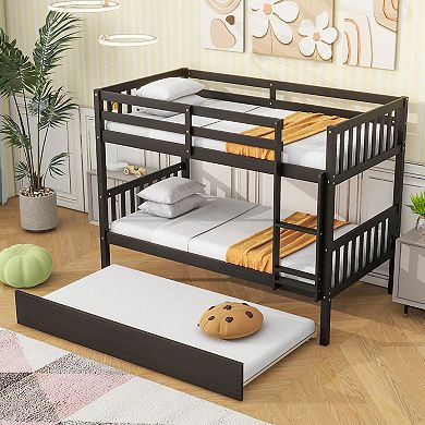 Twin Over Twin Rubber Wood Bunk Bed with Trundle Convertible into Two Beds