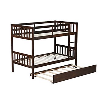 Twin Over Twin Rubber Wood Bunk Bed with Trundle Convertible into Two Beds