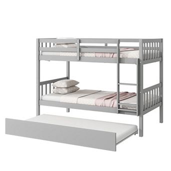 Twin Over Twin Rubber Wood Bunk Bed with Trundle Convertible into Two Beds