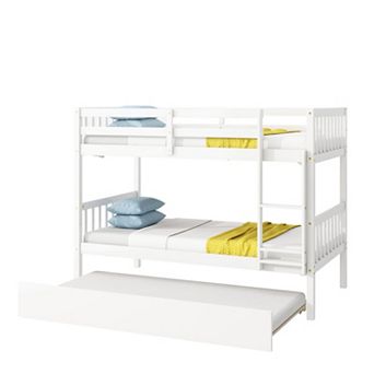Twin Over Twin Rubber Wood Bunk Bed with Trundle Convertible into Two Beds