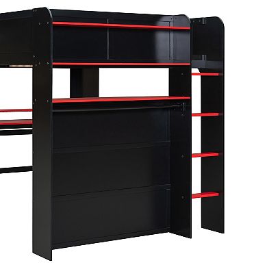 Full Size Wood Bunk Bed with Height Adjustable Desk Wardrobe Ample Storage and RGB Light