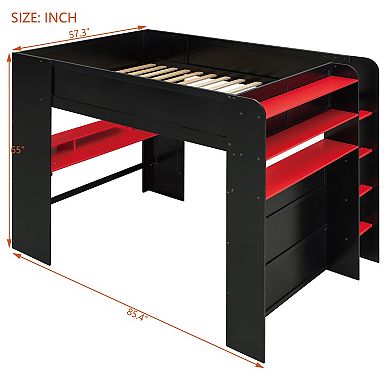 Full Size Wood Bunk Bed with Height Adjustable Desk Wardrobe Ample Storage and RGB Light