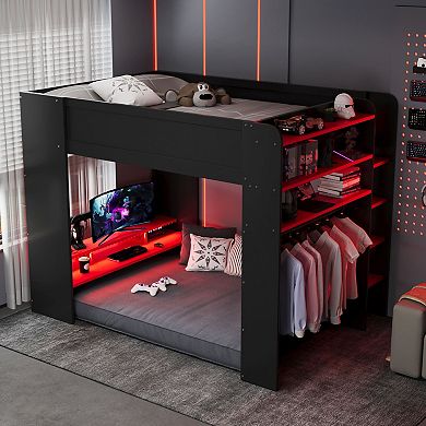 Full Size Wood Bunk Bed with Height Adjustable Desk Wardrobe Ample Storage and RGB Light