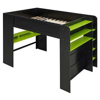 Full Size Wood Bunk Bed with Height Adjustable Desk Wardrobe Ample Storage and RGB Light