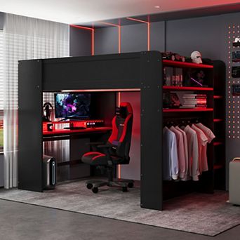 Full Gaming Loft Bed with Height-Adjustable Desk USB RGB Light, Wood Loft Bed with Wardrobe Shelves